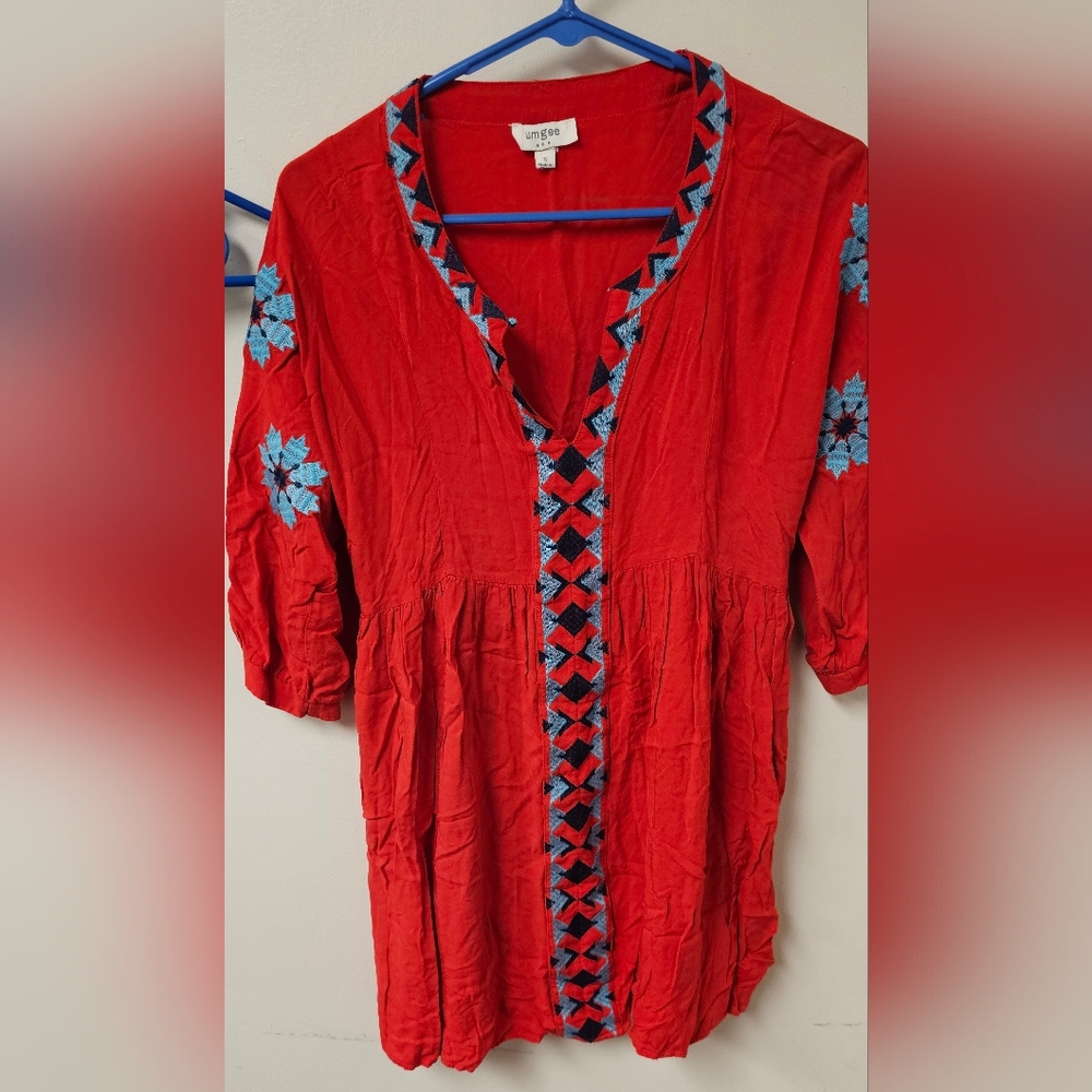 Umgee Red Tunic Dress with Blue Embroidery